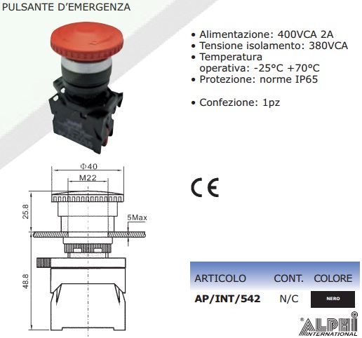 Pulsante d'emergenza a Rilascio a Fungo Rosso con contatto NC